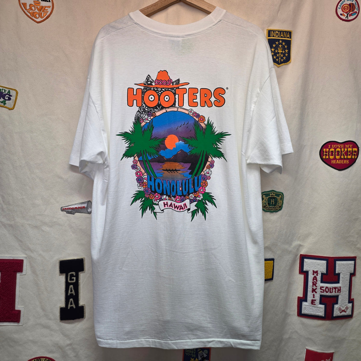 VTG Hooters Honolulu Hawaii White Double Sided T-Shirt: XL