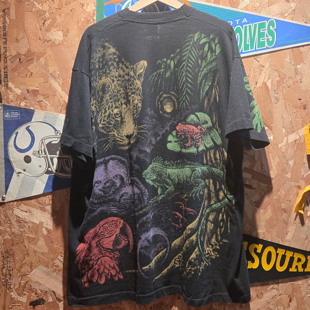 Vtg AOP Fruit Of The Loom Harlequin Jungle Theme T-Shirt: 2XL