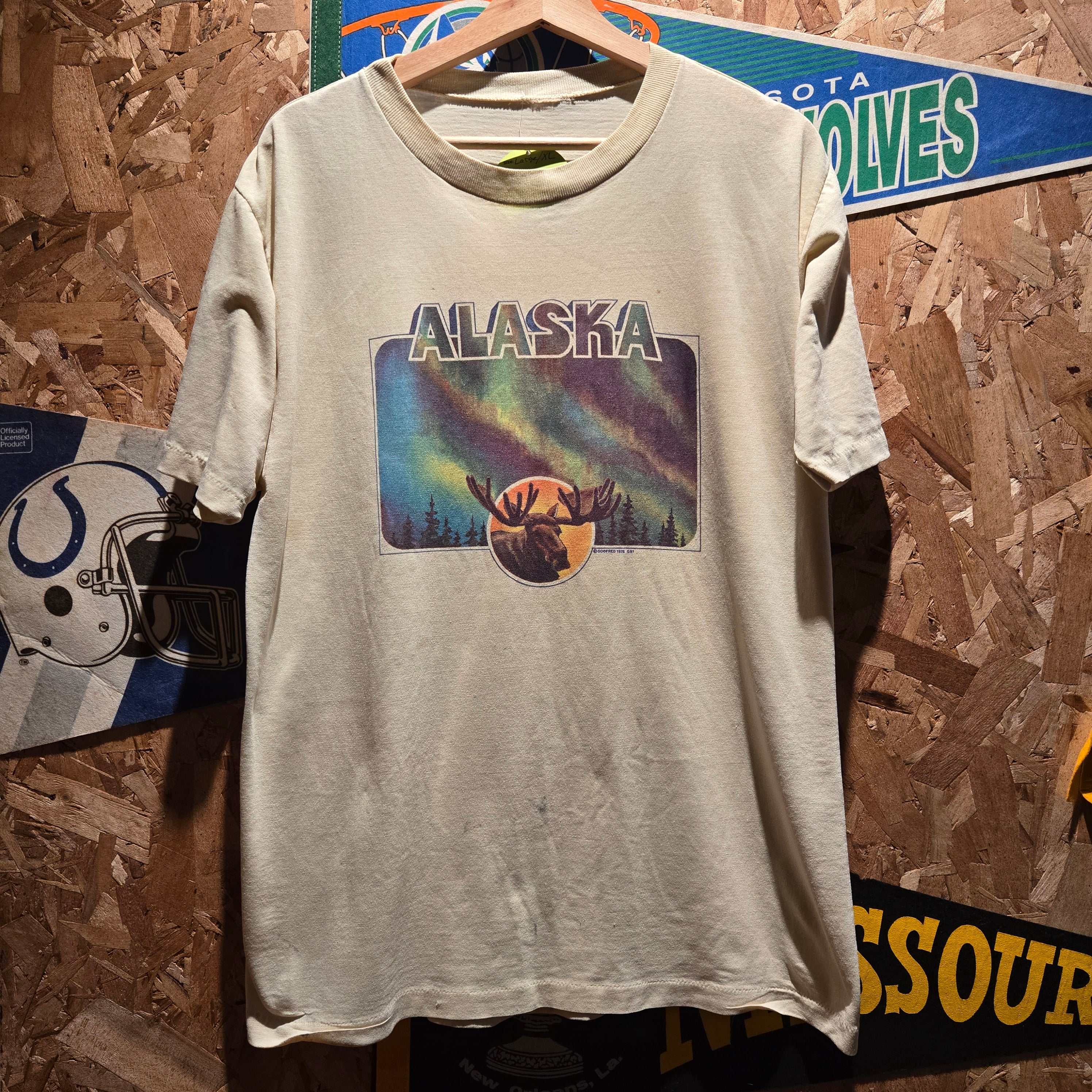 VTG 1976 Alaska Northan Lights Moose Single Stitch T-Shirt: Large