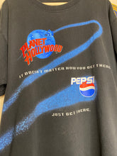 Load image into Gallery viewer, Vintage Planet Hollywood Pepsi Just Get There All Over Print Black T-Shirt: XL
