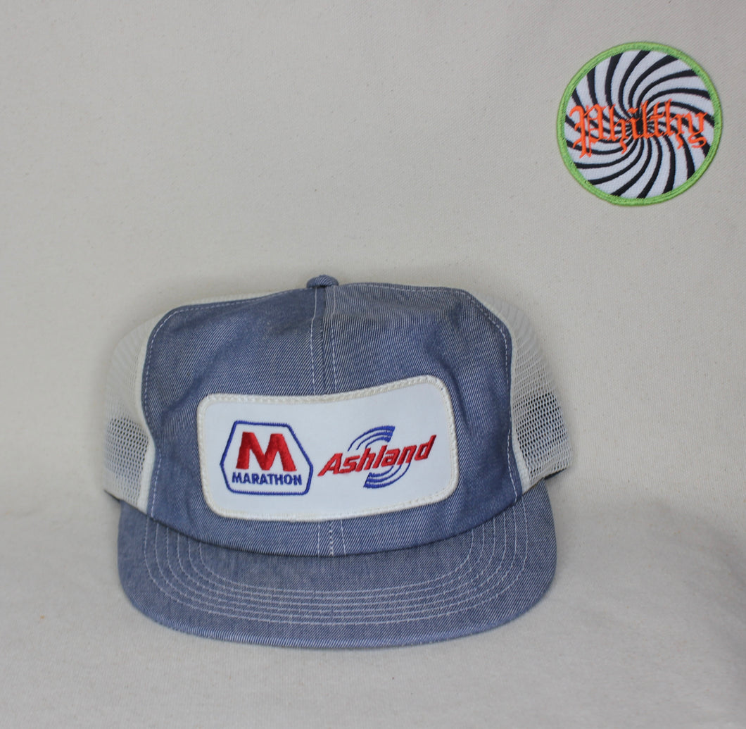 Vintage Marathon Gas Ashland Denim Mesh Trucker Patch Hat