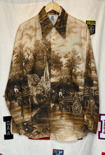 Load image into Gallery viewer, 70s Polyester Farm Print Button-Up Shirt: L
