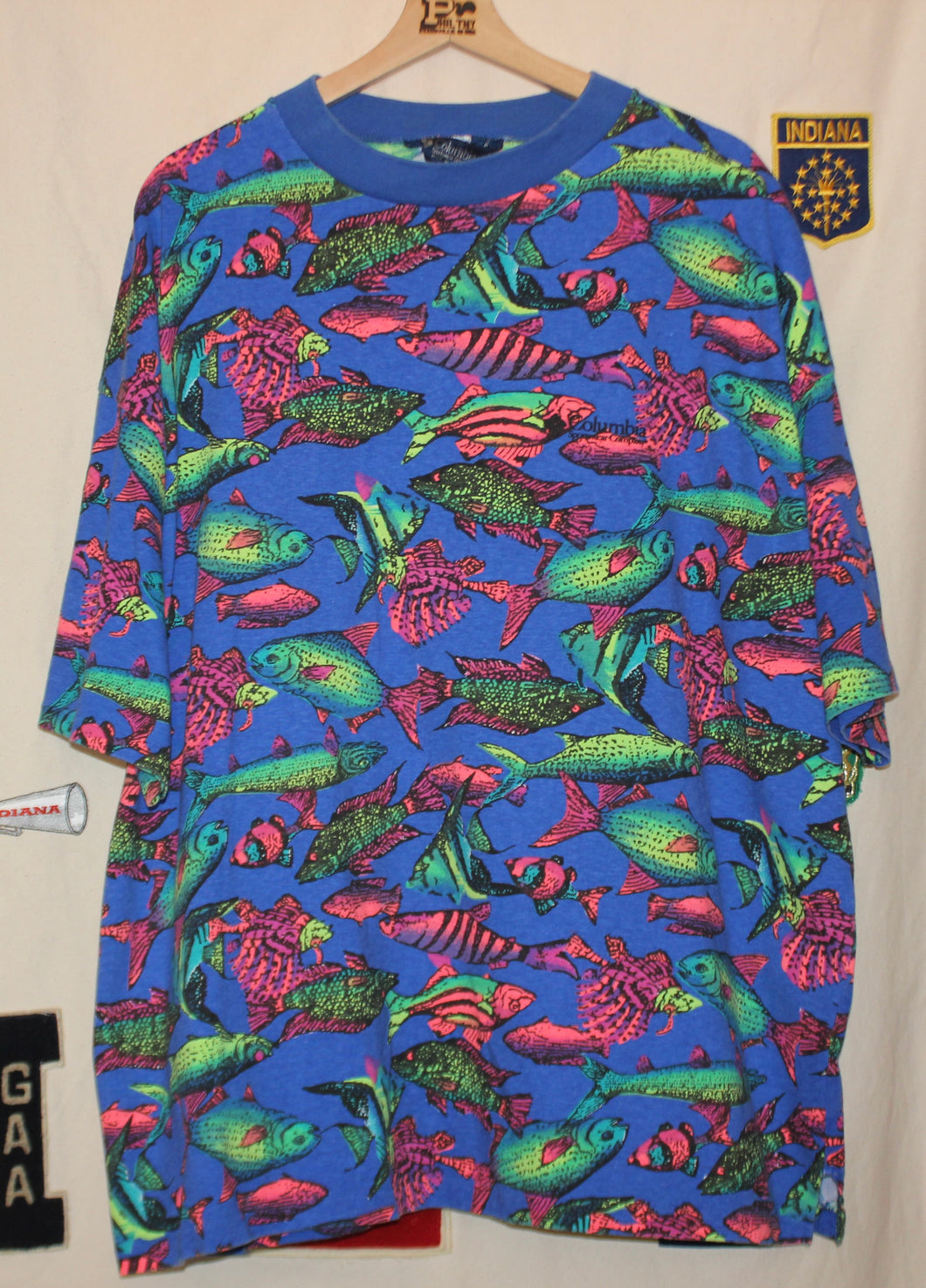 Columbia All Over Print Blue Neon Fish T-Shirt: XL