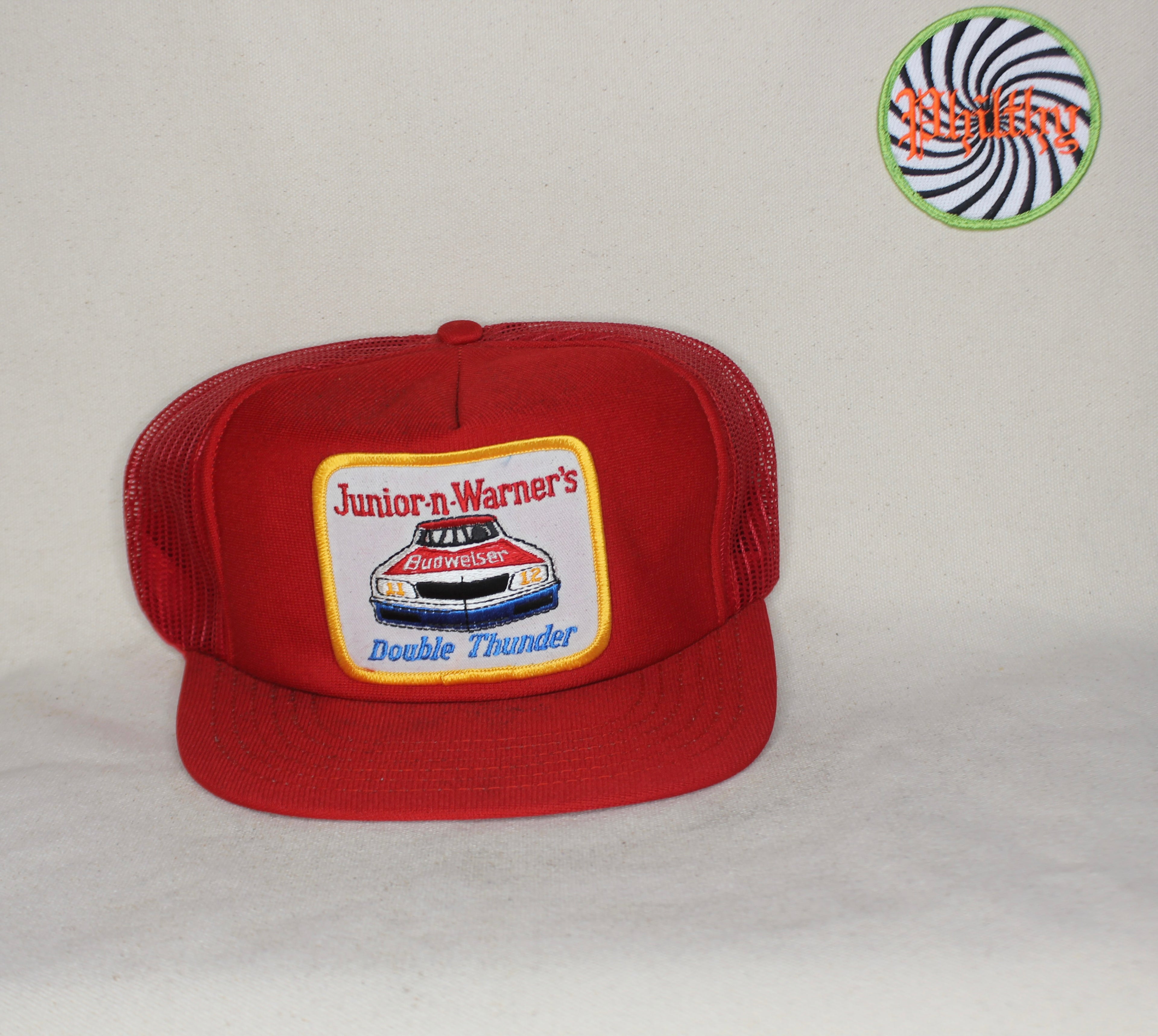 Vtg Junior-n-Warner's Budweiser Nascar Double Thunder Patch 80's Trucker Hat