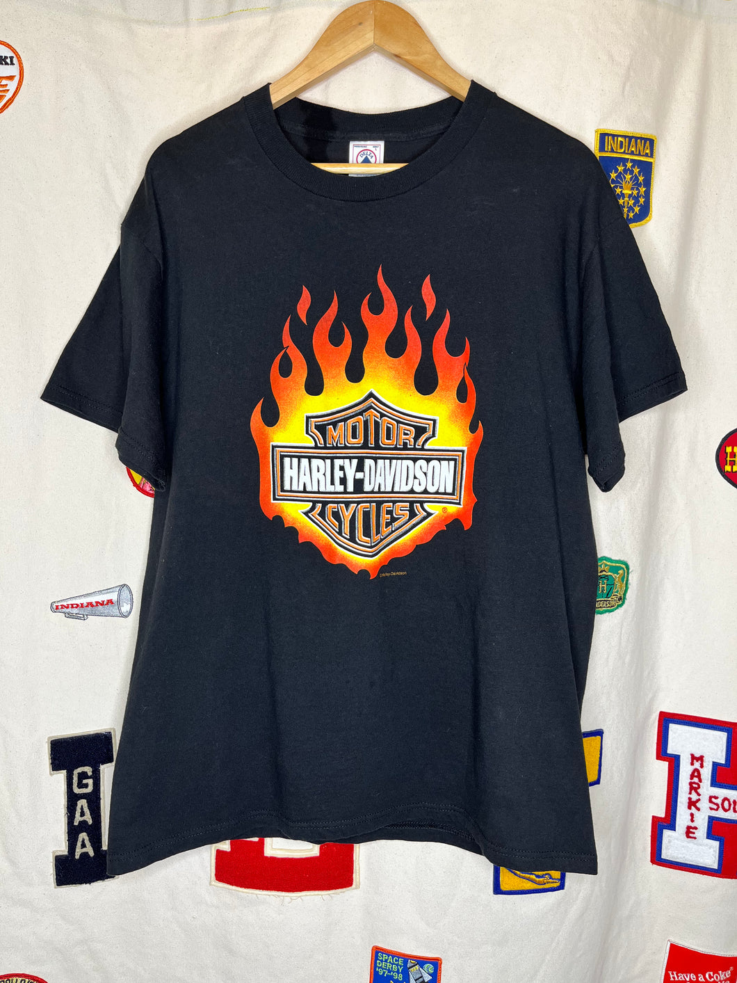 Vintage Harley Davidson Flames Logo Black T-Shirt: Large