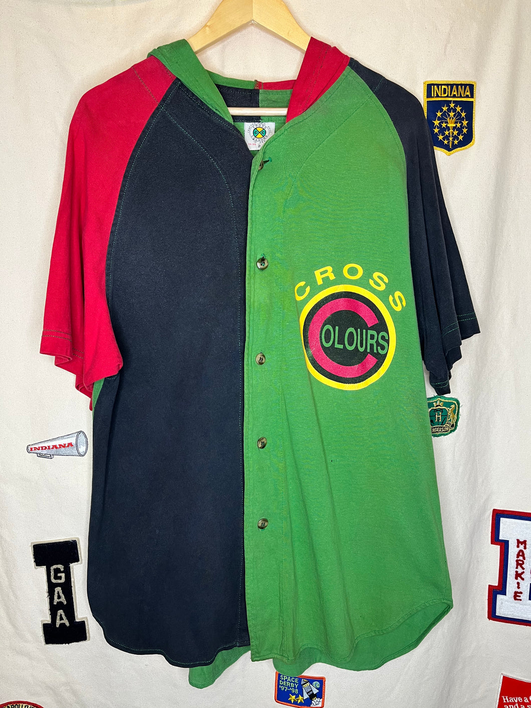 Vintage Cross Colours Hooded Baseball Jersey: XL