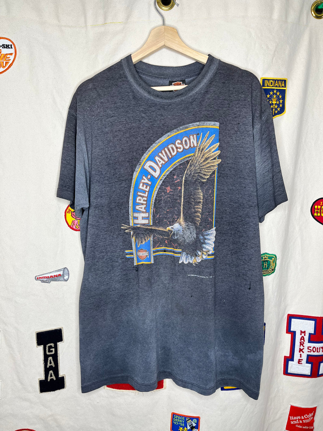 Vintage Faded Harley 1992 3D Emblem Black T-Shirt Eagle