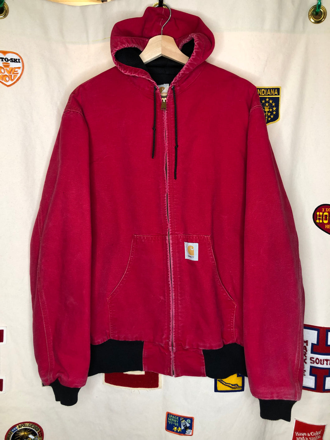 Vintage Red Carhartt Hood Zip Up Canvas Jacket: Large