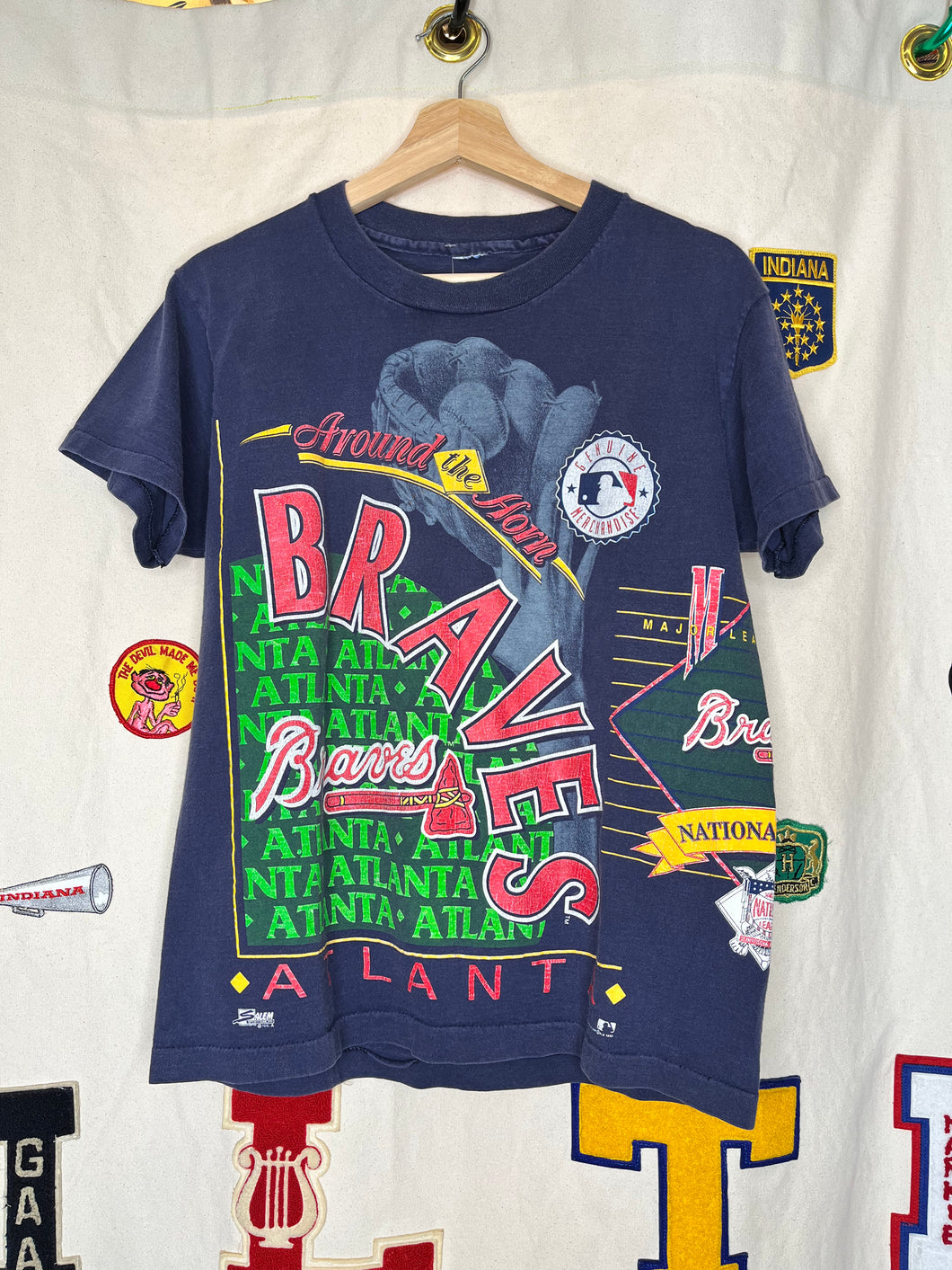 Vintage Atlanta Braves All Over Print Navy T-Shirt by Salem: Medium