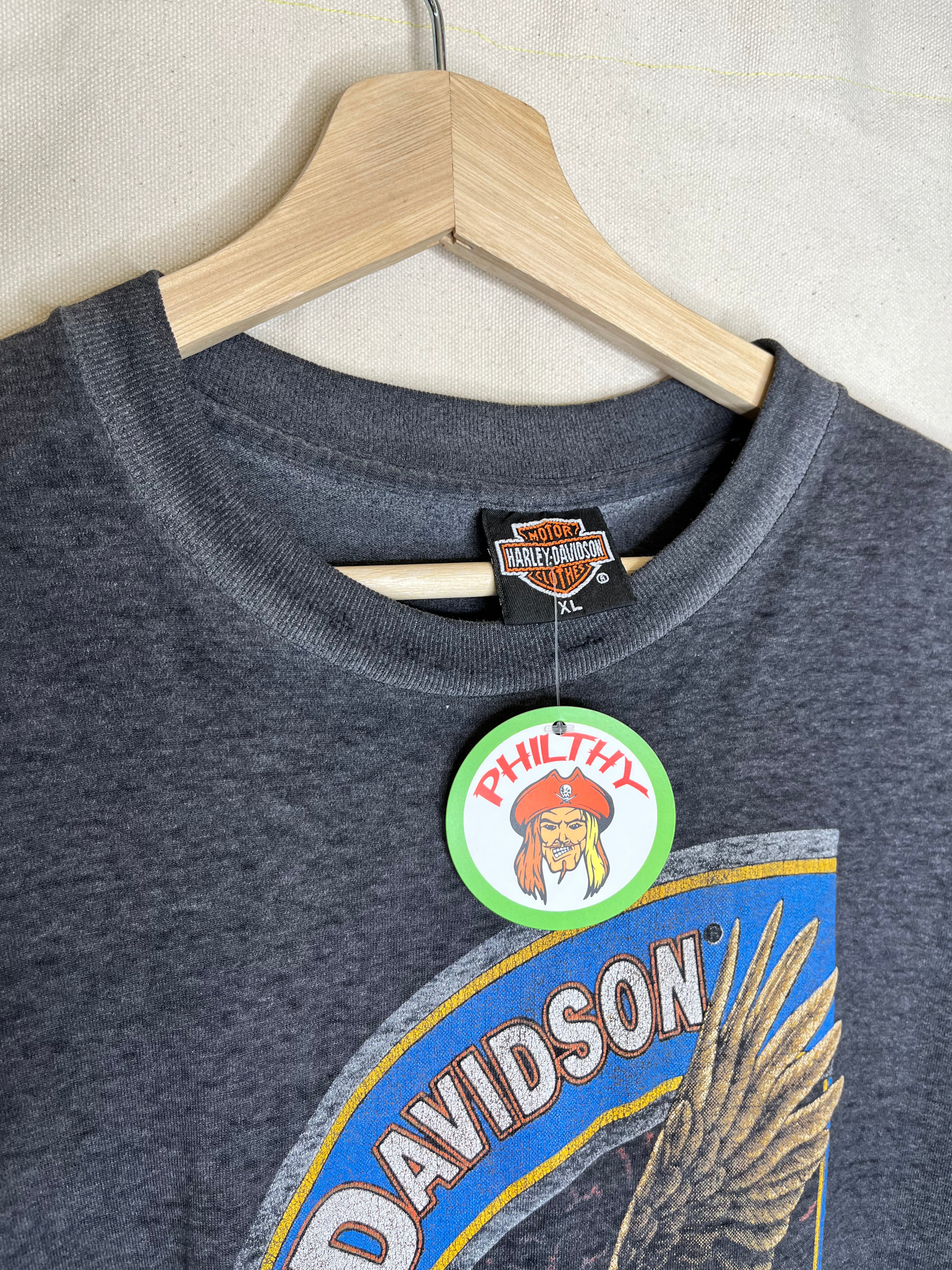 Vintage Faded Harley 1992 3D Emblem Black T-Shirt Eagle