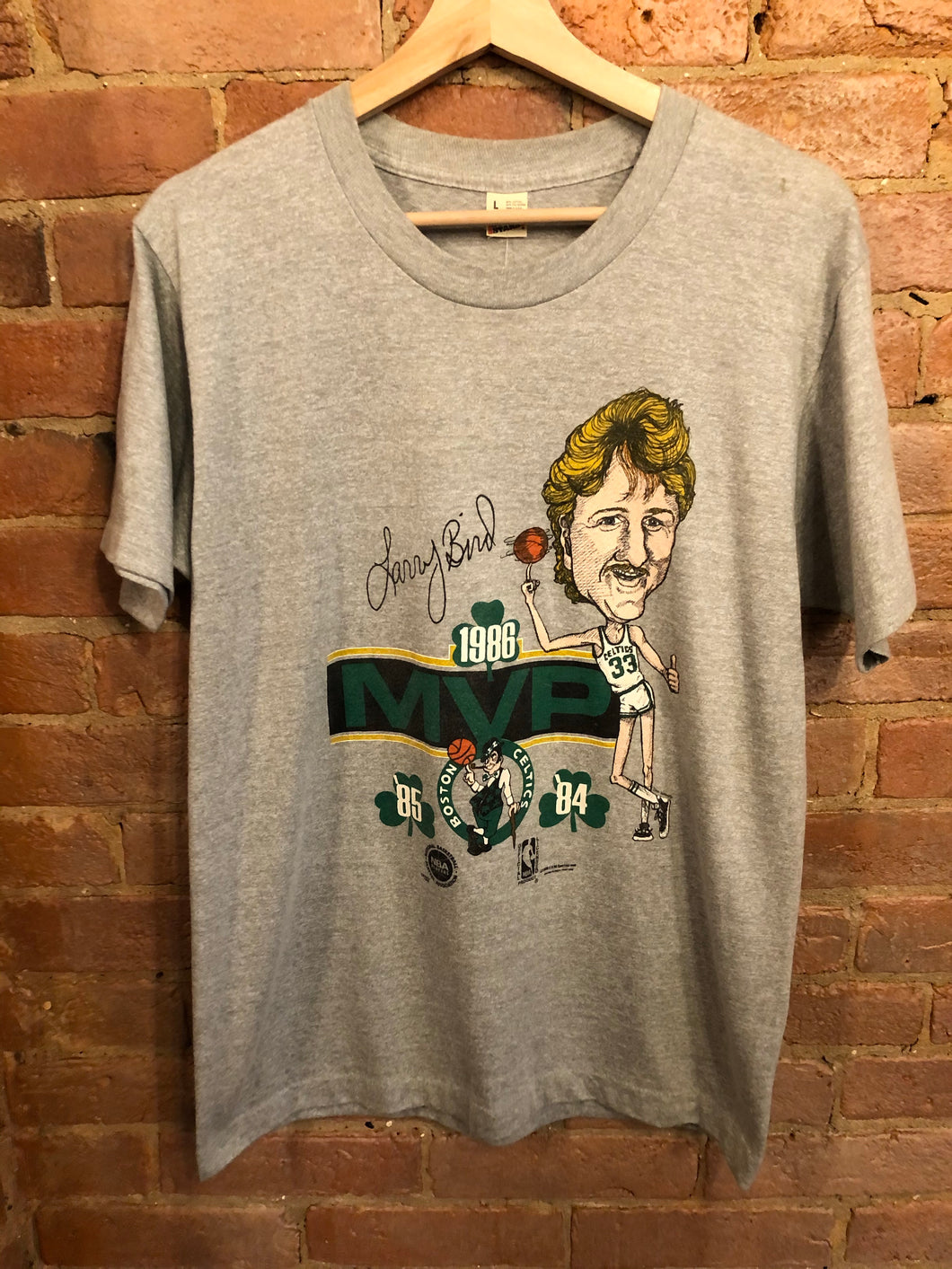 Vintage 1986 Larry Bird MVP Caricature Grey T-Shirt: Medium