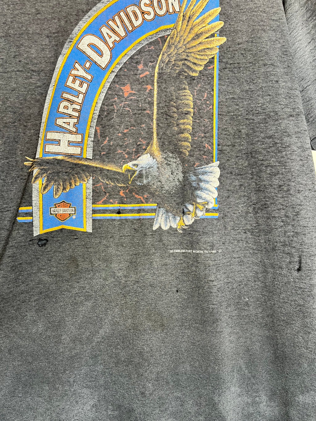 Vintage Faded Harley 1992 3D Emblem Black T-Shirt Eagle