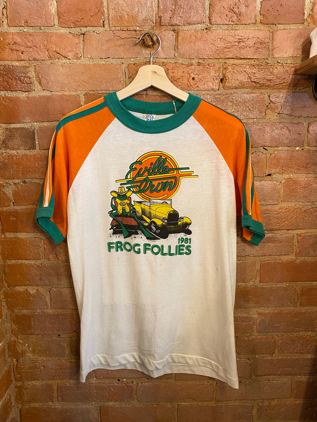 1981 Evansville Frog Follies Ringer Tshirt Orange/Green: Medium